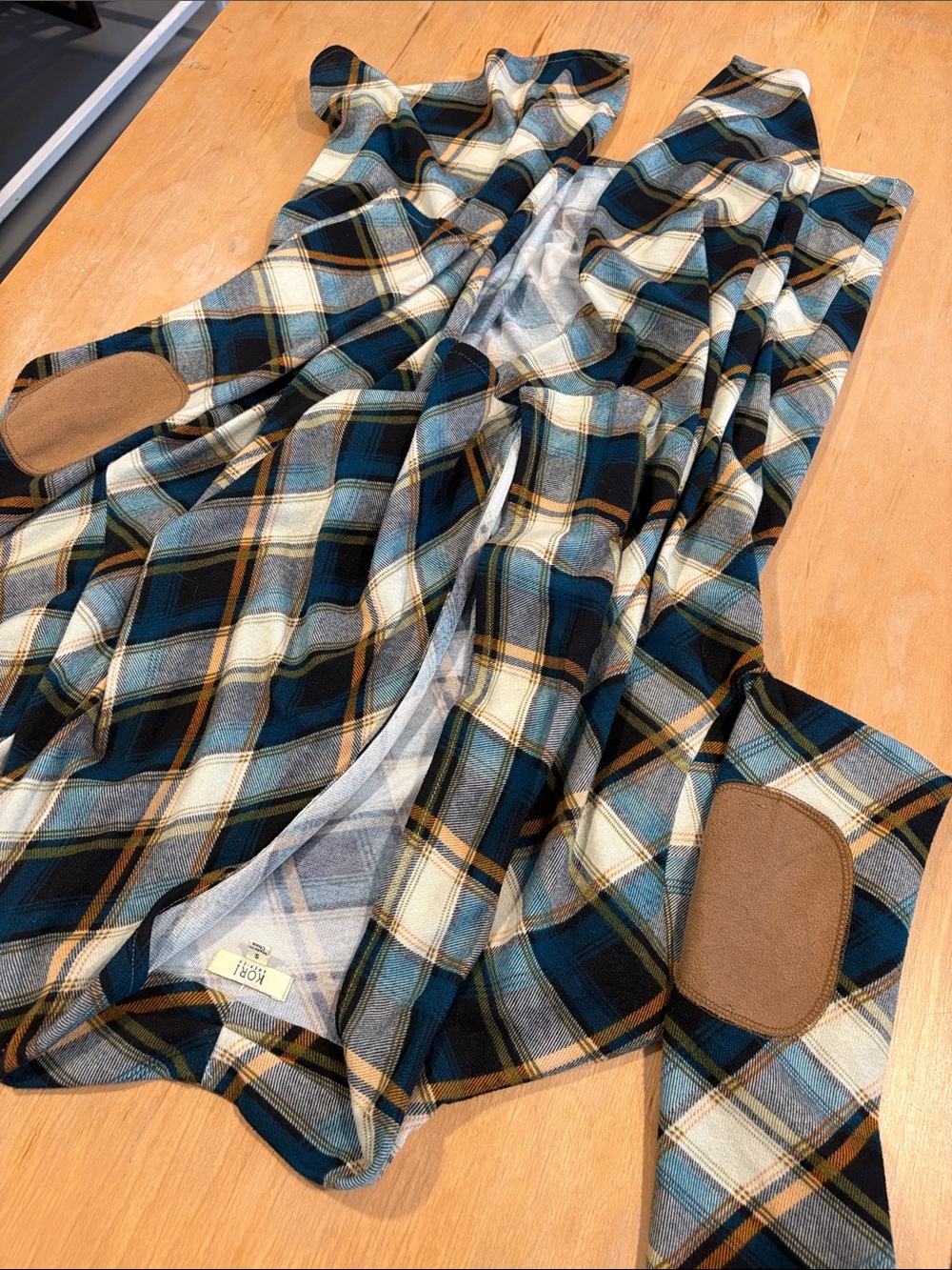 Kori ~ Plaid Open Front Swag Blouse in Teal Green Cream & Brown